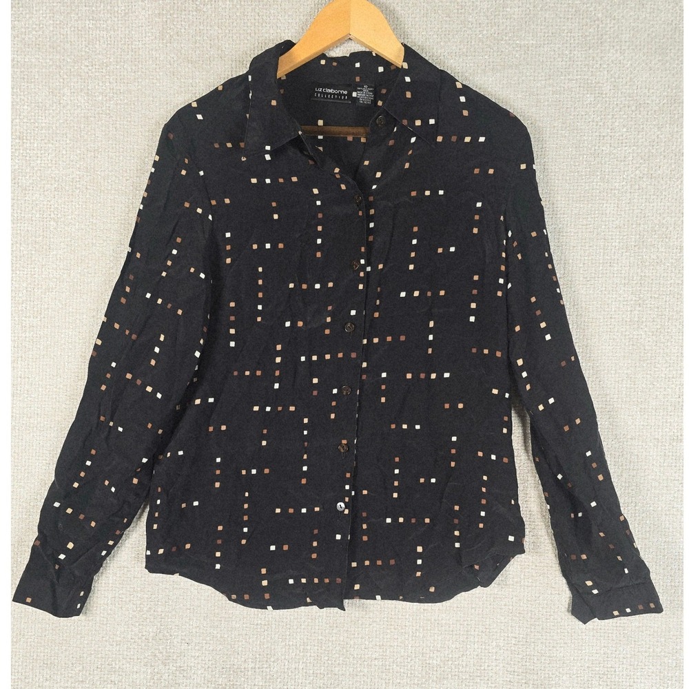Liz Claiborne Collection‎ Womens Black 100% Silk Geometric Square Print Shirt 10
